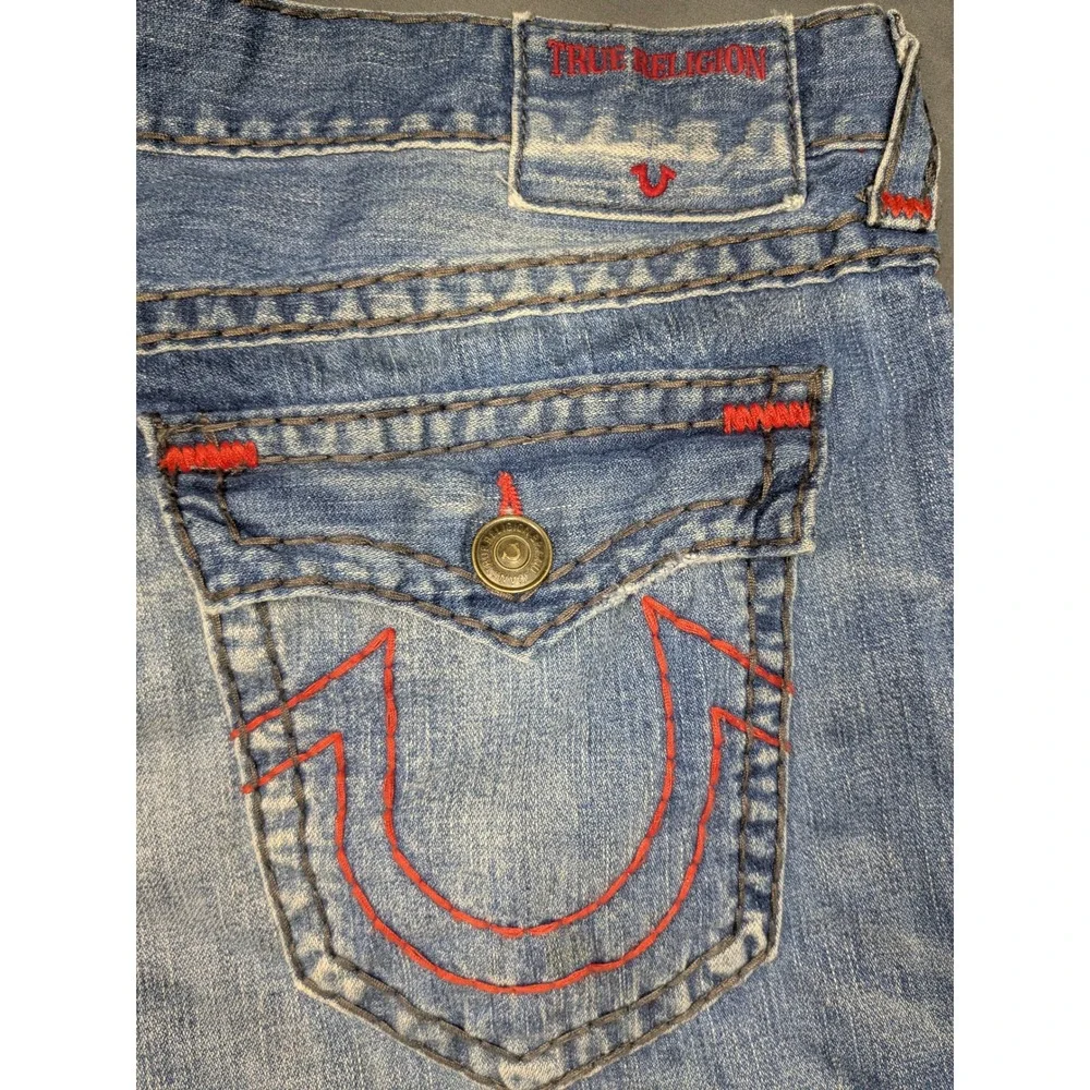 True Religion Rocco Relaxed Skinny Jeans Mens 42 Blue Red Contrast Stitch Denim